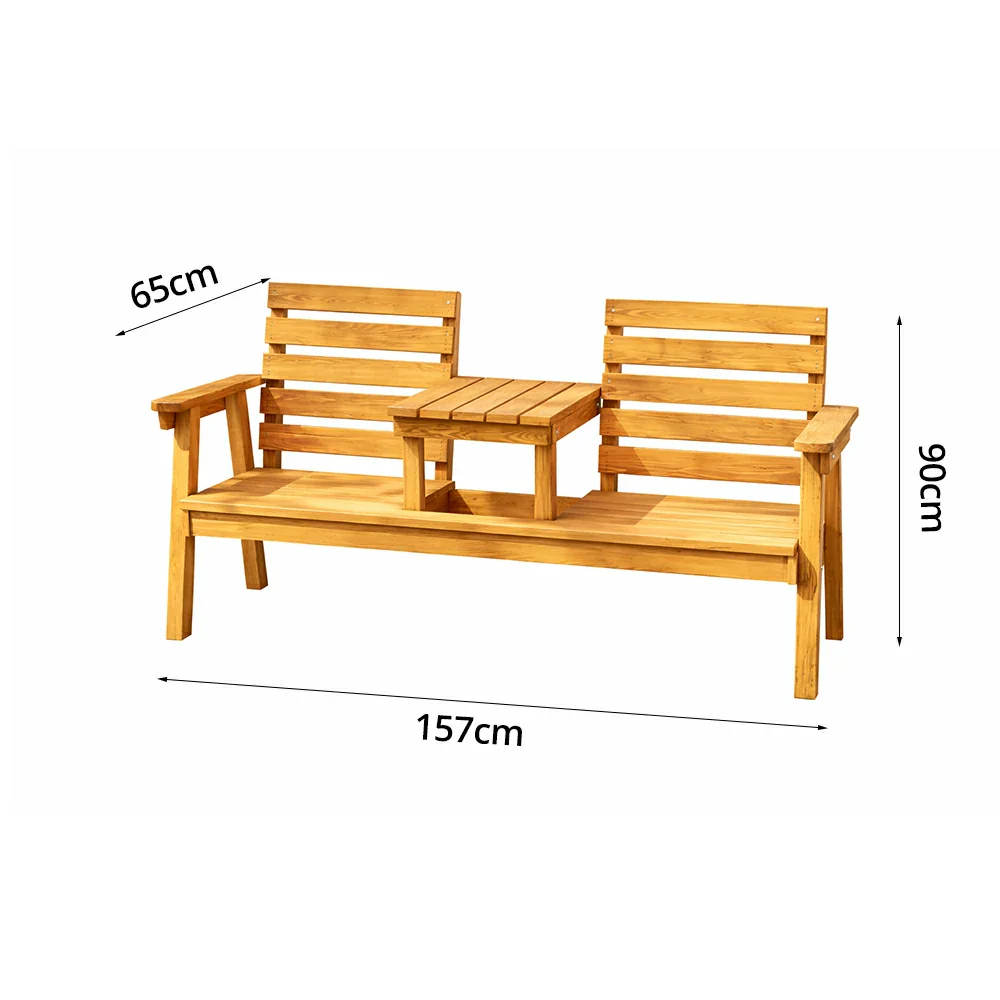 SOLARA Solid Wood Two-Seater Bench Chair with Integrated Centre Table - Seamless Full-Panel Timber Design, Thickened Reclined Backrest - Yellow - Image 5