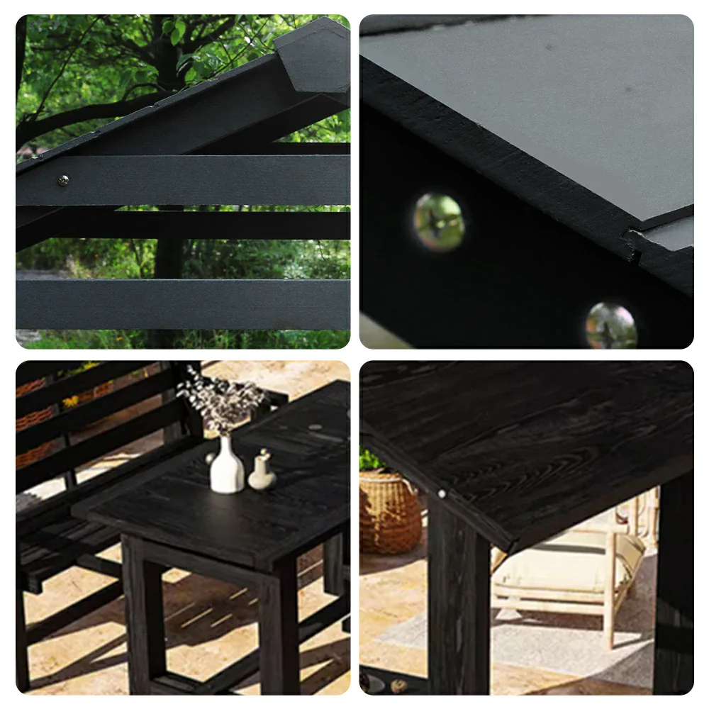 SOLARA Outdoor Pavilion - Heavy-Duty Solid Wood Frame with Double Chairs & Center Table, Durable Sunshade Canopy Garden Gazebo - Black - Image 3
