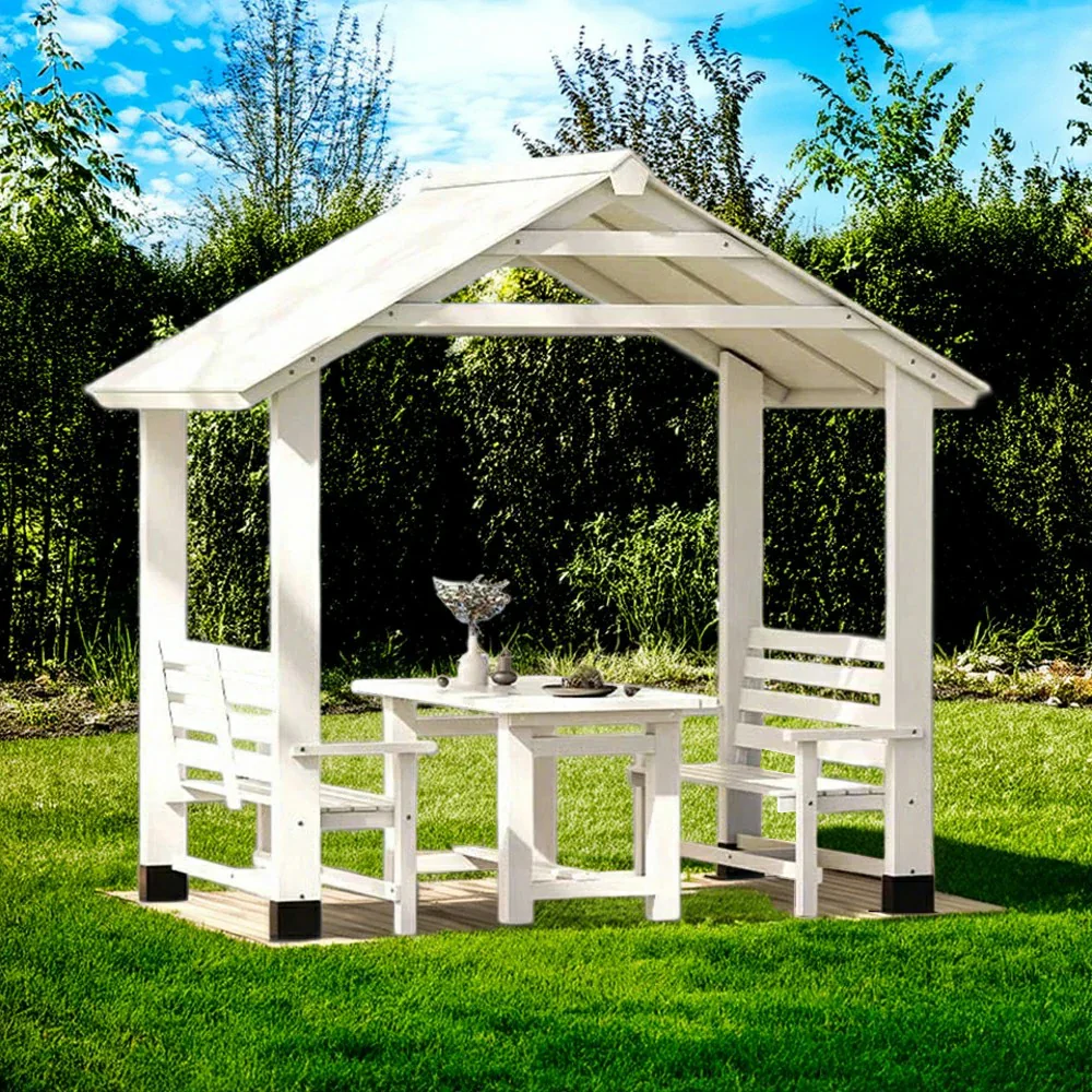 SOLARA Outdoor Pavilion - Heavy-Duty Solid Wood Frame with Double Chairs & Center Table, Durable Sunshade Canopy Garden Gazebo - White - Image 4