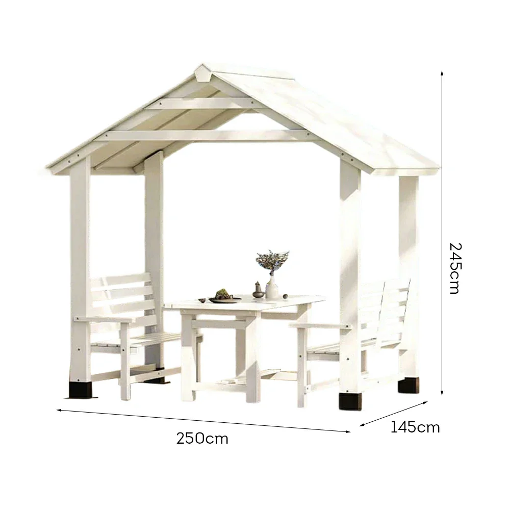 SOLARA Outdoor Pavilion - Heavy-Duty Solid Wood Frame with Double Chairs & Center Table, Durable Sunshade Canopy Garden Gazebo - White - Image 5
