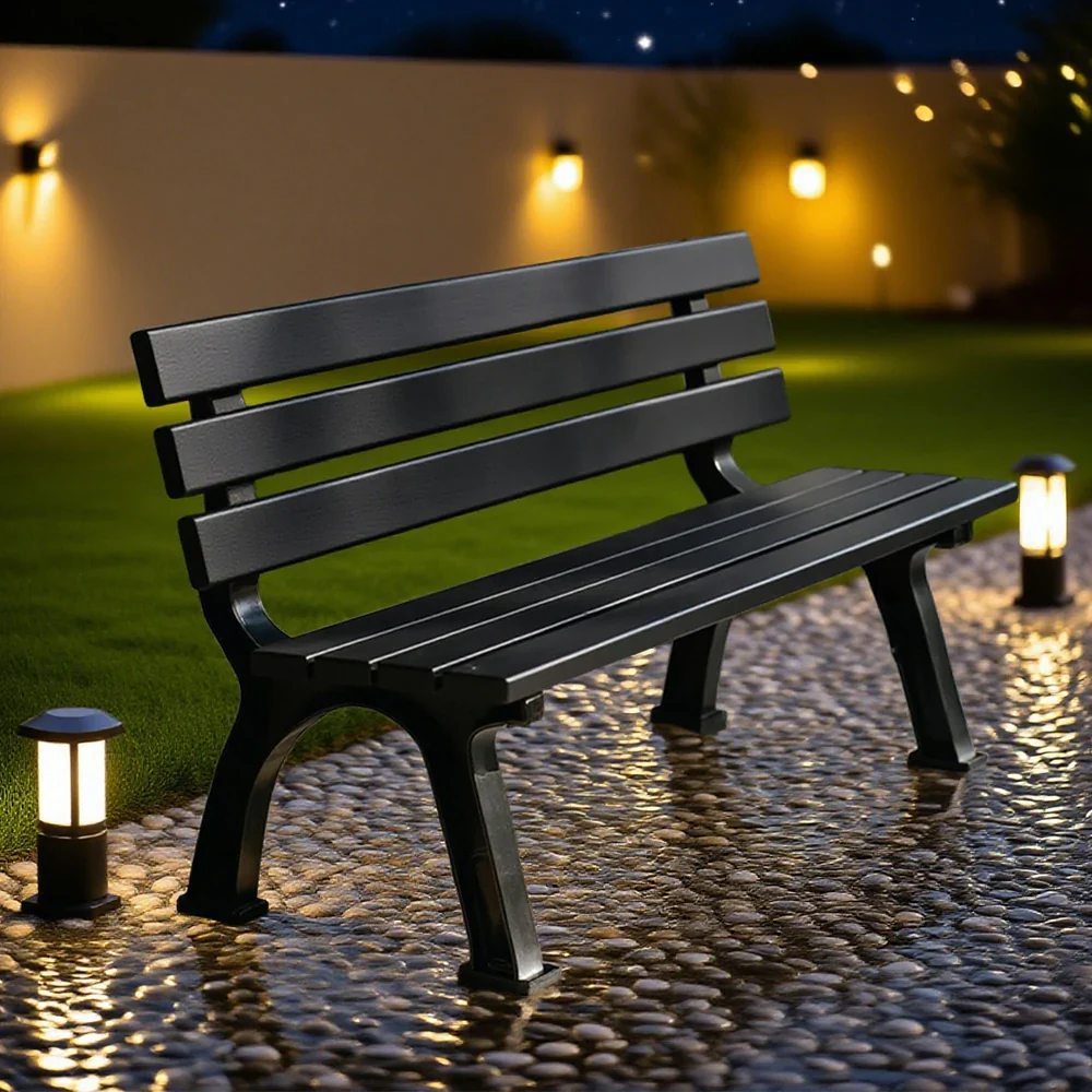 SOLARA Outdoor Backrest Bench - Durable Solid Structure with Iron Legs, Ergonomic Wide Seat & Backrest, Eco-Friendly Weather-Resistant Finish - Black - Image 4