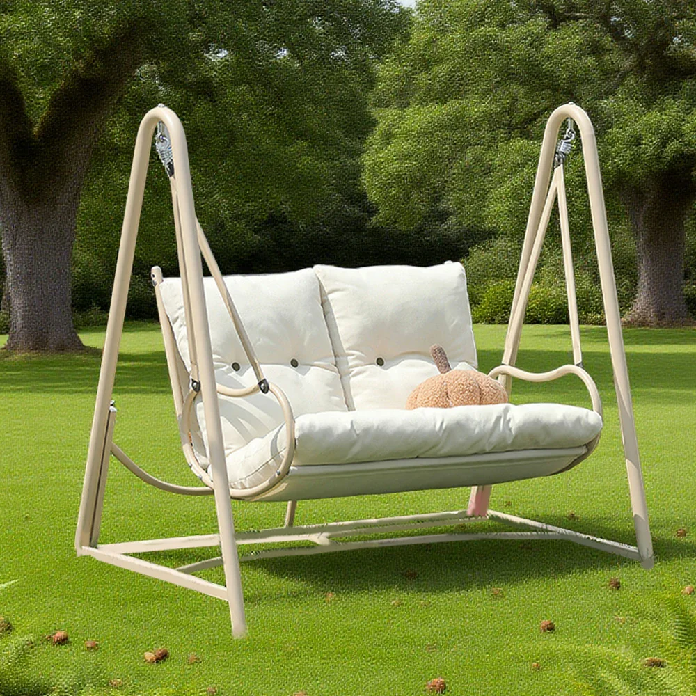 SOLARA Double Swing Chair - Sturdy Alloy Frame, Solid Wood Seat with Soft Cushion & Pillow, 147cm Outdoor Hanging Chair - White - Image 4