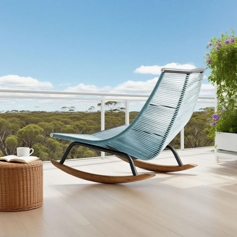 SOLARA Sleigh Rocking Chair - Smooth Rocking Motion, Handwoven Rattan with Aluminium Frame, Stable Design - Blue - Image 2
