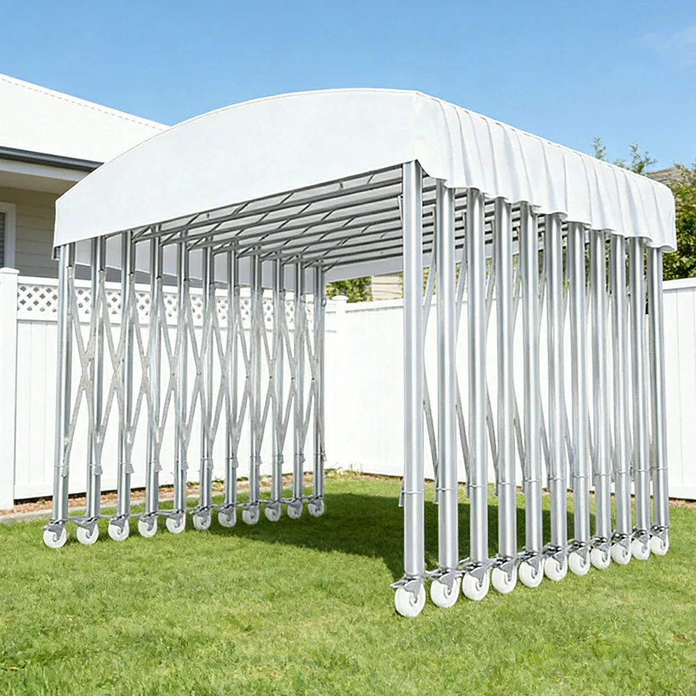 TREKKA Outdoor Retractable Canopy Tent - 5/7/8m Heavy-Duty Telescopic Frame with Lockable Wheels, Waterproof & UV-Resistant Fabric, Space-Saving Design - White - Image 4