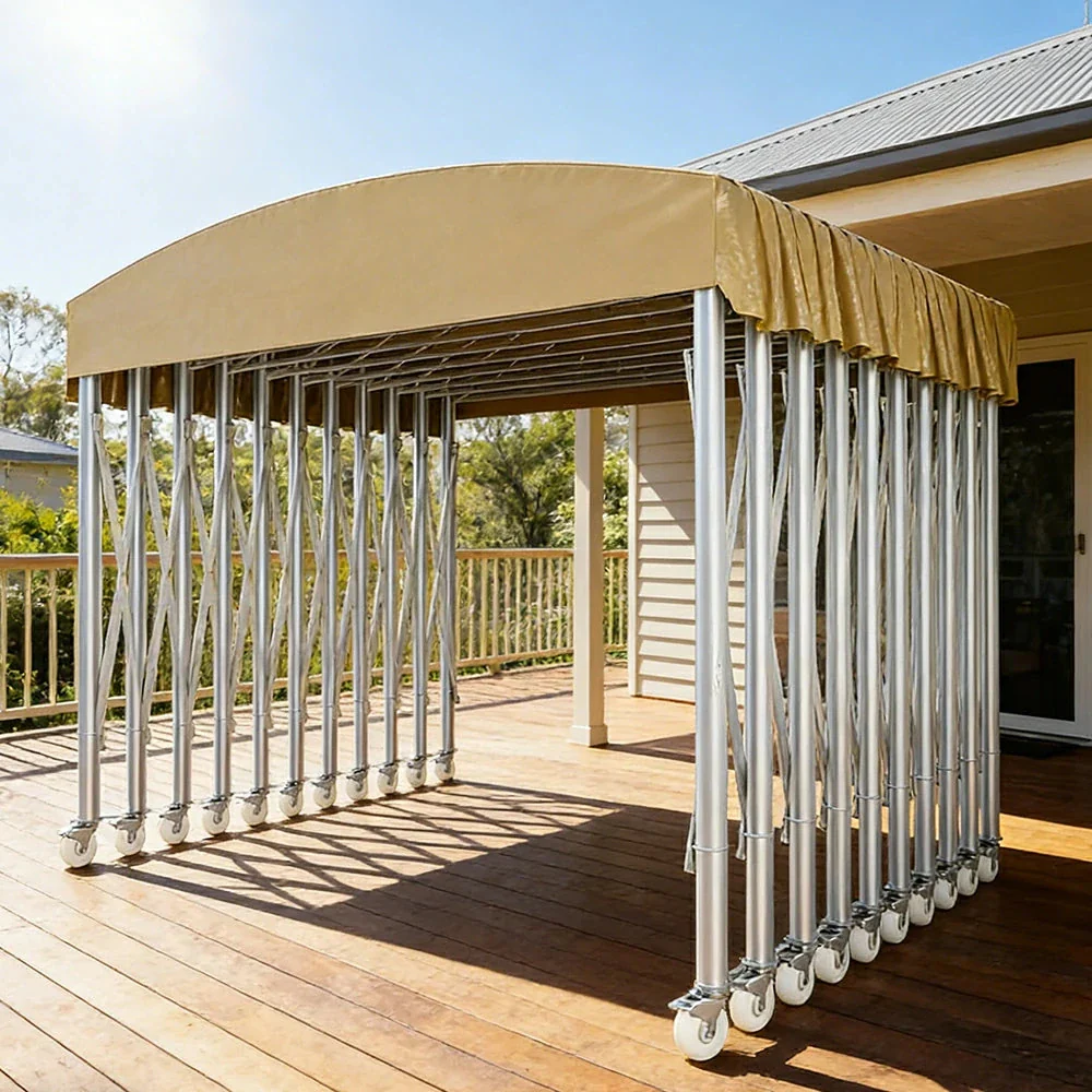 TREKKA Outdoor Retractable Canopy Tent - 5/7/8m Heavy-Duty Telescopic Frame with Lockable Wheels, Waterproof & UV-Resistant Fabric, Space-Saving Design - Khaki - Image 2