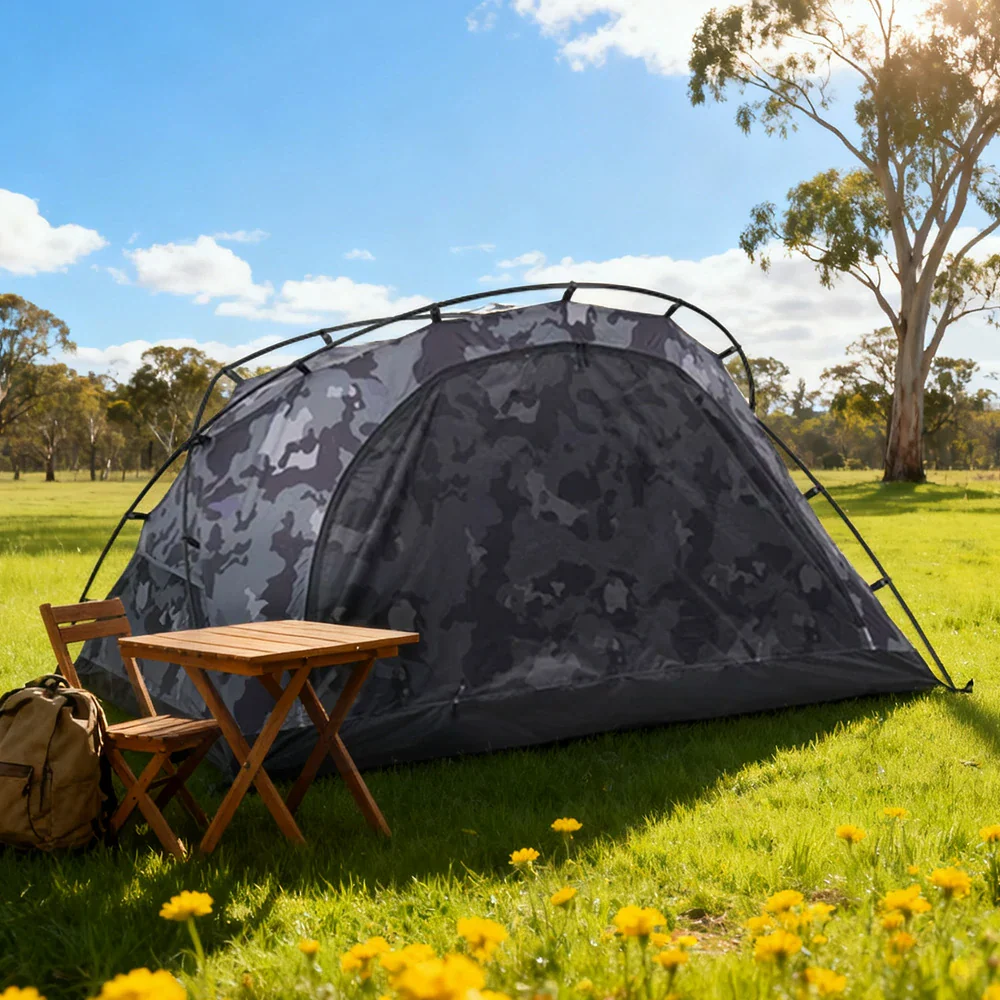 TREKKA Kangaroo-Style Camping Tent - Spacious Front Vestibule, Windproof & Waterproof, Stable Freestanding Shelter for 2 Person - Grey Camo - Image 4