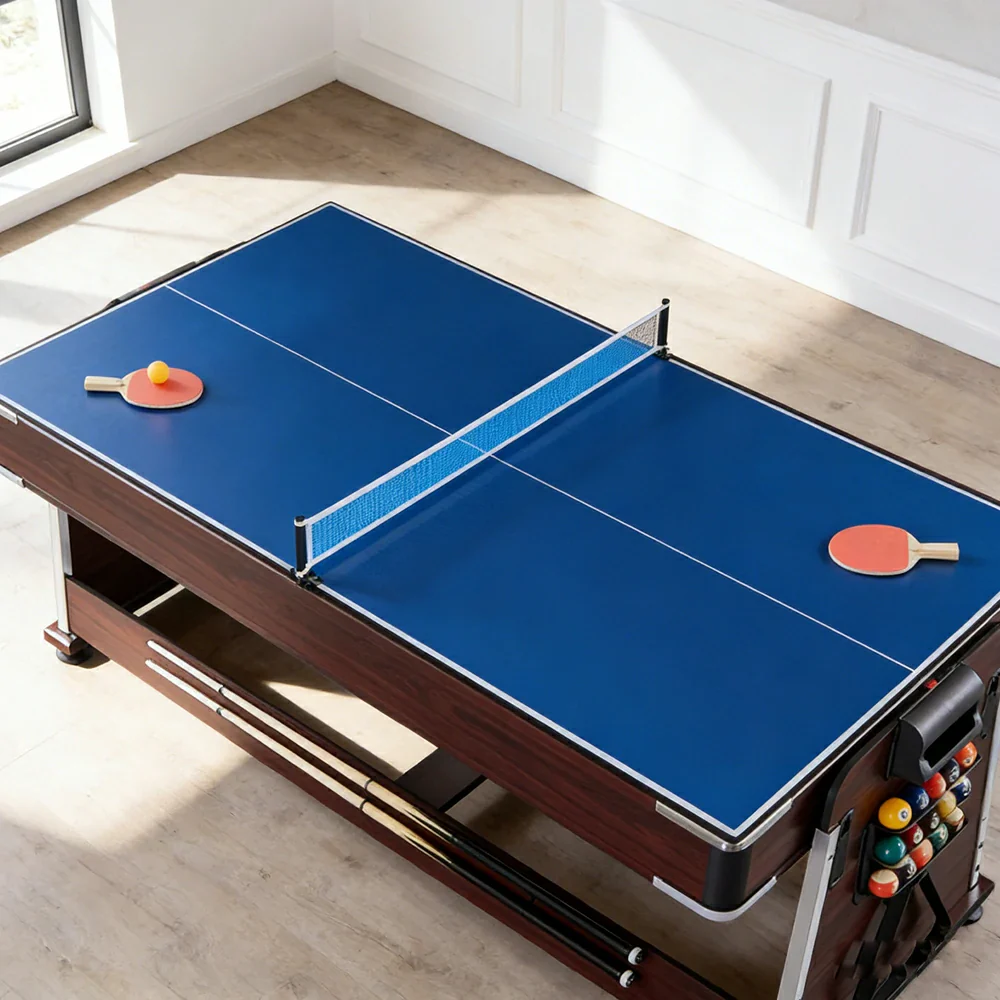 VERSA 4-IN-1 6FT Convertible Game Table - Air Hockey, Pool, Table Tennis & Dining, Space-Saving Brown Frame, Free Accessories - Black Felt - Image 10
