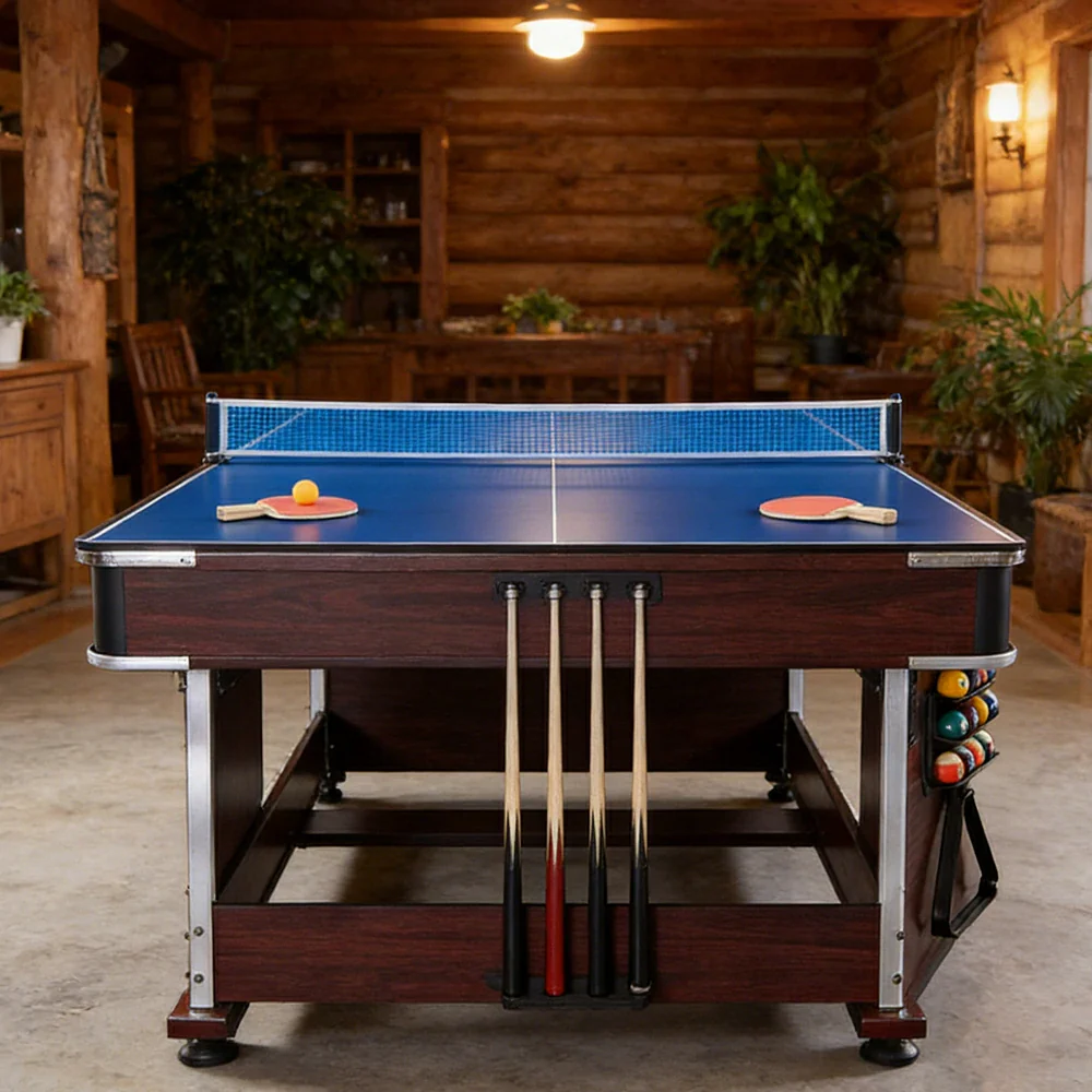 VERSA 4-IN-1 6FT Convertible Game Table - Air Hockey, Pool, Table Tennis & Dining, Space-Saving Brown Frame, Free Accessories - Blue Felt - Image 11