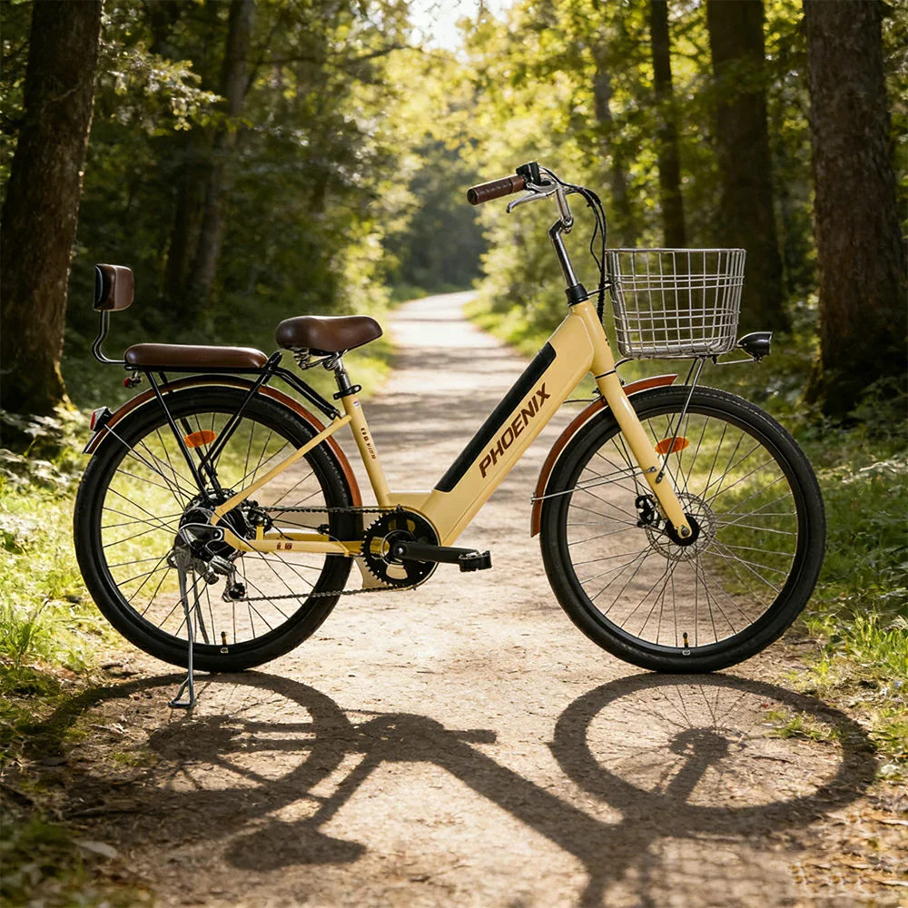 VOLTUS 26-Inch Electric Bike, 36V350W Motor, Shimano 7-Speed Gears, High Carbon Steel Frame, Spoked Wheels, Removable Mid Battery with Rear Seat - Beige - Image 4