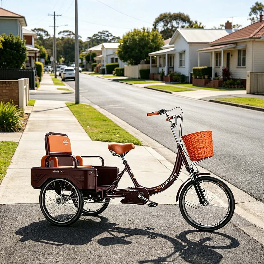 VOLTUS Cargo Tricycle Dual Suspension Hydraulic Brakes 70cm Rear Basket Utility Commuter for Shopping and Transport - Burgundy - Image 6