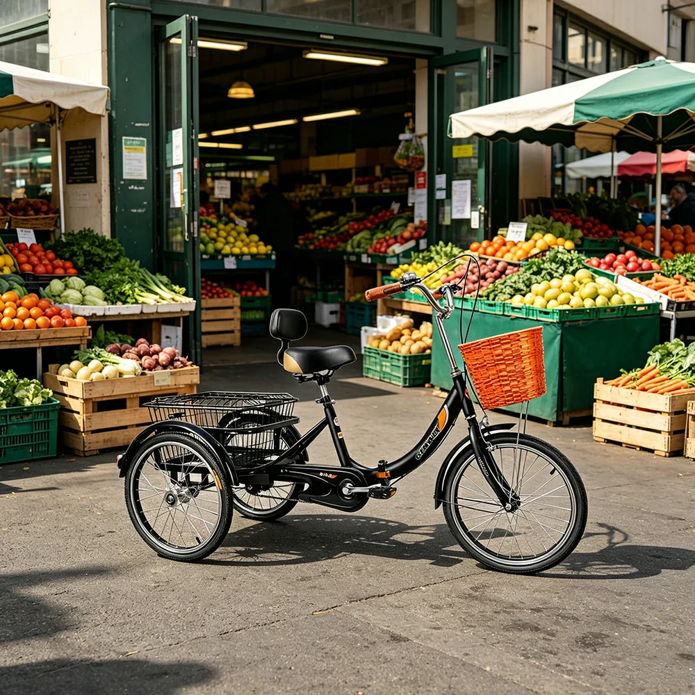 VOLTUS 20" Foldable Tricycle Dual Chain Drive High Carbon Steel Frame Large Basket Commuter for Shopping and Travel - Black - Image 4
