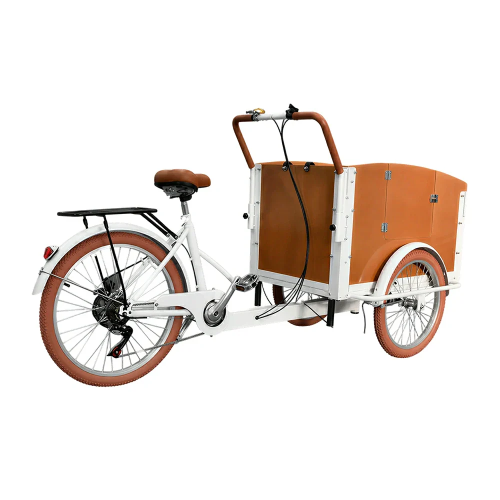 VOLTUS Manual Parent-Child Tricycle 90cm Front Wooden Box Canopy Family Transport & Leisure Use - White