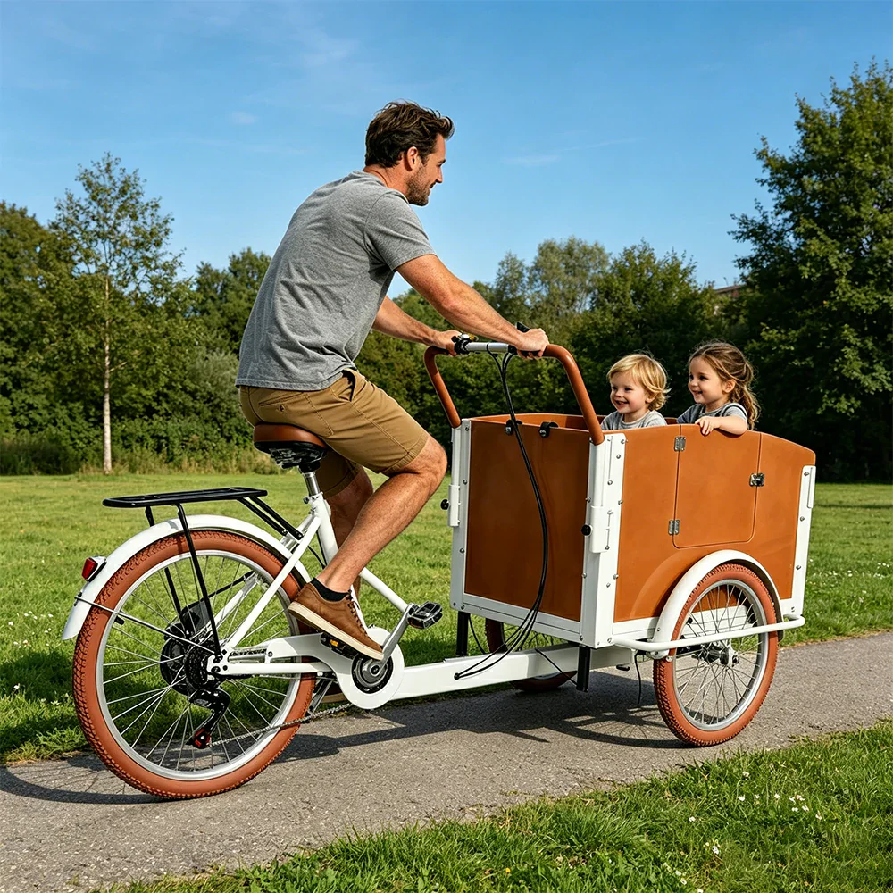 VOLTUS Manual Parent-Child Tricycle 90cm Front Wooden Box Canopy Family Transport & Leisure Use - White - Image 6